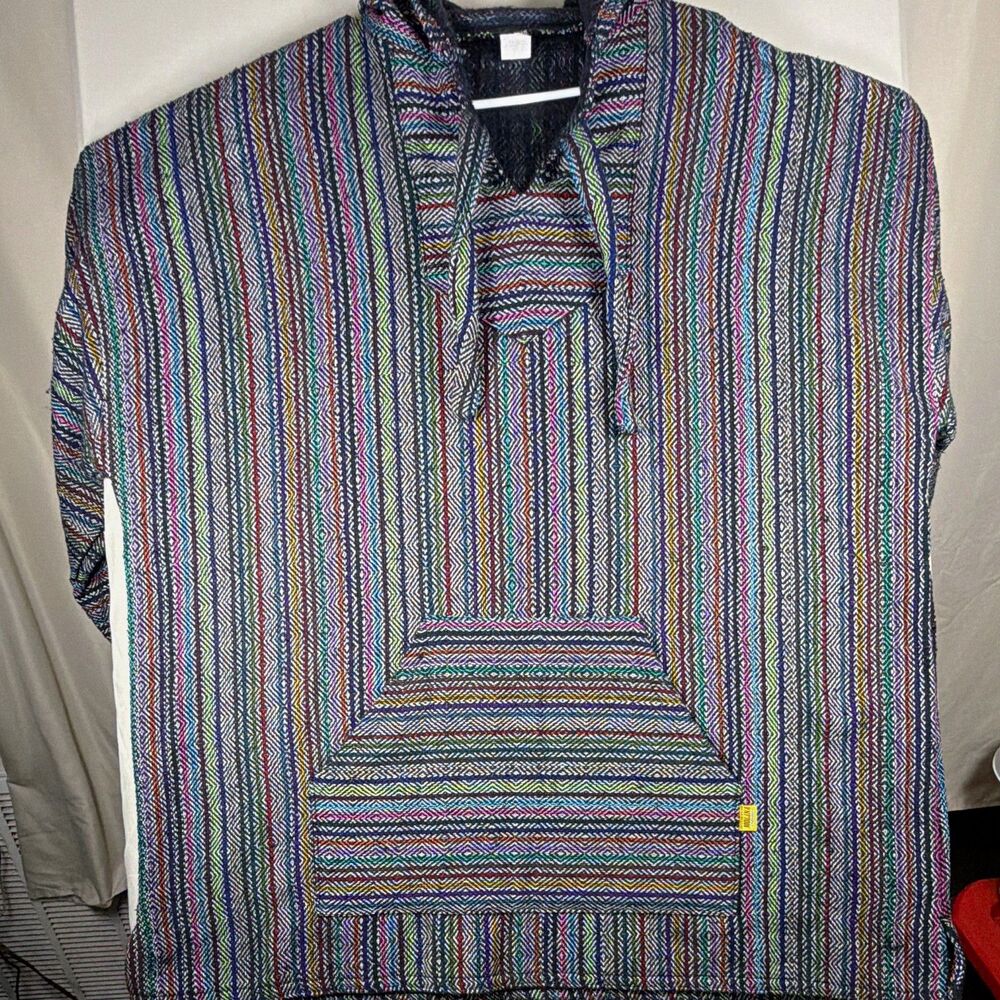 Baja Mexican Drug Rug Hoodie Jerga Woven Multicolor Striped Pullover 2XL